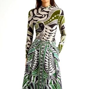 Farm Rio Lace Nature 
Mock Neck Jersey Top